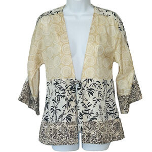 Asian Print Silk Kimono Topper Patchwork Boho Tie Front M Central Park West